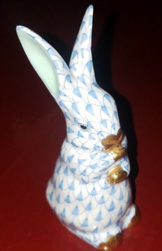 Vintage Herend Bunny Rabbit Blue Fish Net Figurine Hungary 24k Gold Trim