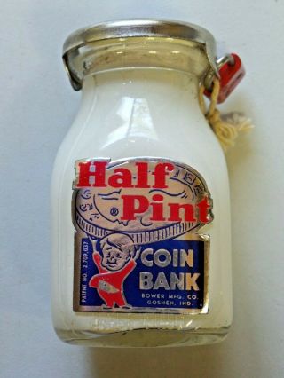 Vintage Bower Mfg.  Co.  Half Pint Milk Bottle Glass Coin Bank With Lock And Key