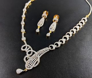 Vintage Clear Crystal Rhinestones Necklace With And Drop Dangle Earrings Set