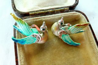 Vintage Jewellery Enamel Marcasite Bird In Flight Earrings Clip On Lovely