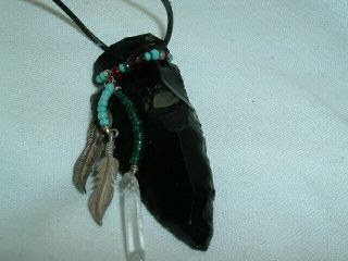 Vintage Men Southwest Carved Obsidian Arrow Leather Pendant Necklace In Gift Box