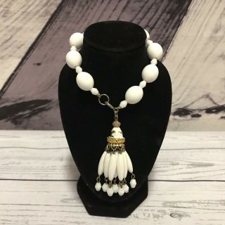 Vintage Crown Trifari Dangle Tassel Bracelet White Lucite Beads