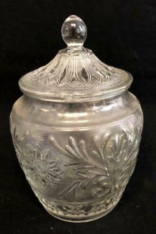 Vintage Clear Glass Cookie Jar With Lid Floral 10.  5 " Tall