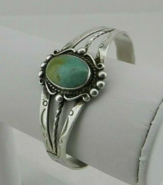 Vintage Native American Signed Sterling Silver Turquoise Stone Cuff Bracelet