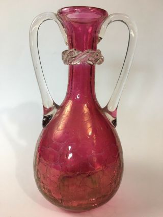 Cranberry Crackle Glass Carafe Decanter Vase Vintage Unknown Maker Hand Blown Kd