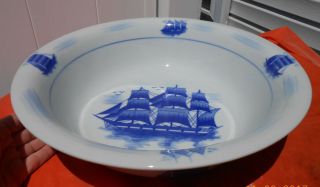 Vintage Nantucket Distributing Co.  13 " Nautical Sailing Ship Bowl,  White & Blue