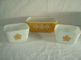 Set Of 3 Vintage Pyrex Butterfly Gold Refrigerator Dishes 2 501 1 502 Usa