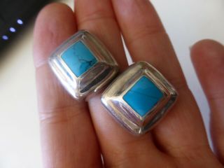 Vintage Sterling Silver Turquoise Pierced Earrings Made In Mexico Square Masive