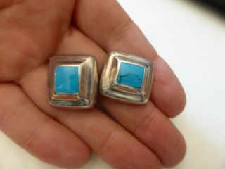 Vintage Sterling Silver Turquoise Pierced Earrings Made in Mexico Square Masive 2