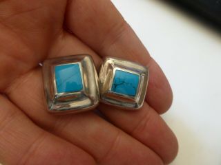 Vintage Sterling Silver Turquoise Pierced Earrings Made in Mexico Square Masive 3