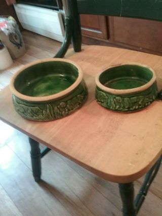 2 Vintage Mccoy Pottery Green Hunting/bird Dog Stoneware Bowls