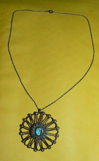 Vtg Old Pawn Native Navajo Sterling Silver Turquoise Unique Pendant W/ Necklace