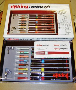 Vintage Rotring Rapidograph Art.  155903 Set Of 8 Technical Drawing Pens W.  Germany