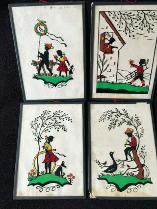 4 Vintage Reverse Painted Glass Silhouette Pictures Old 1940s Love Dog Girl Doll