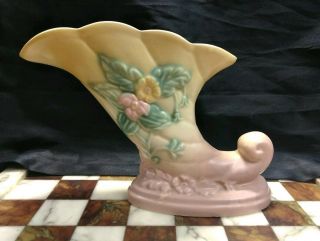 Vintage Hull Art Pottery Wildflower Cornucopia Vase Pink & Green W - 7 - 71/2 Usa