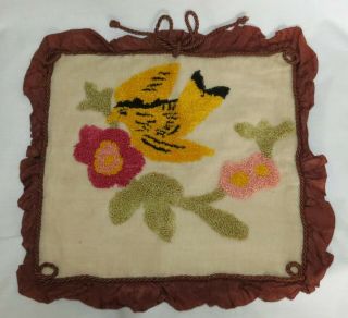 Vintage Handmade Needlepoint Loop Throw Pillow Top Cover - Bird & Flowers 19x18