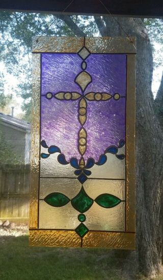 Vtg Huge Stained Glass Chain Hung Sun Catcher Wall Art Colorful Cross