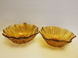 Set Of 2 Vintage Indiana Glass Deep 7 " In Diameter Amber Sunflower Serving Bowl