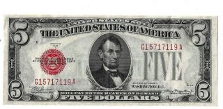 $5 Dollar 1928 Red Seal United States Legal Tender Note Usa Bill Vintage Money