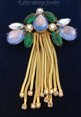 Vintage Juliana Style Blue Green Rhinestone Gold Chain Tassel Fringe Pin Brooch