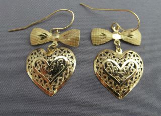 Vintage 14k Yellow Gold Ribbon Bow Filigree Heart Dangle Pierced Earrings