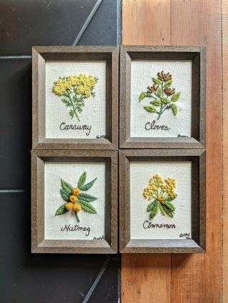 Vintage Set Of Four Spice Crewel Embroidered Framed Wall Hangings 1970s Boho Mcm