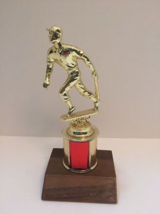 Vintage Baseball Trophy Award Metal Figure Wood Base Man Cave Running Player Red