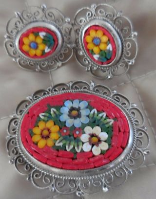 Vintage Italy Millefiori Micro Mosaic Floral Brooch Pin Piereced Earrings Set