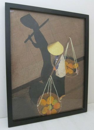 Vtg Chinese Silk Embroidery Panel Farmer & Shadow Carrying Fruit Framed 16x20