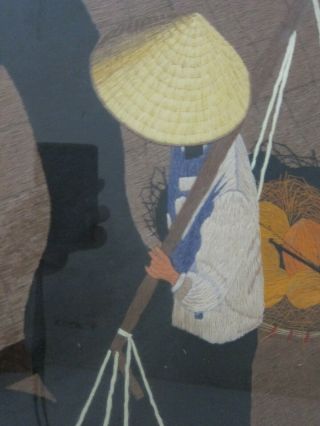 VTG Chinese Silk Embroidery Panel Farmer & Shadow Carrying Fruit Framed 16x20 2