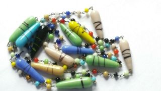Vintage Art Deco Long Venetian Multi Coloured Wired Glass Torpedo Bead Necklace
