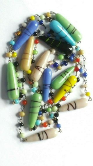Vintage Art Deco Long Venetian Multi Coloured Wired Glass Torpedo Bead Necklace 2