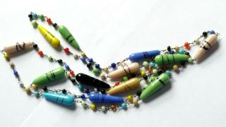 Vintage Art Deco Long Venetian Multi Coloured Wired Glass Torpedo Bead Necklace 3