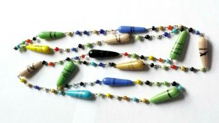 Vintage Art Deco Long Venetian Multi Coloured Wired Glass Torpedo Bead Necklace 4