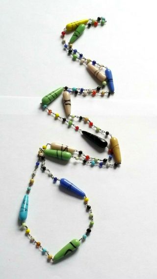 Vintage Art Deco Long Venetian Multi Coloured Wired Glass Torpedo Bead Necklace 5