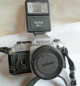 Vintage Nikon Fg 35mm Film Slr 50mm F 1.  8 Lens Camera & Vivitar Flash