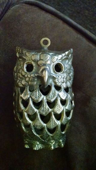 Vtg Solid Brass Owl Tea Light Hanging Primitive Accent Candle Holder