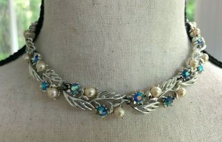 Vintage Lisner Blue Ab Crystal Choker Necklace Pearl Silver Tone 15 "