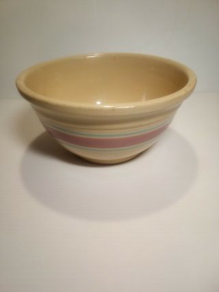 Vintage Large Yellow Ware Stoneware Mixing Bowl Blue And Pink Band Stripe