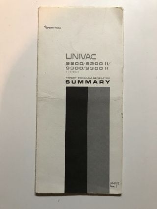 Vintage Sperry Rand Univac 9200/9200 Ii Systems Report Program Generator Summary