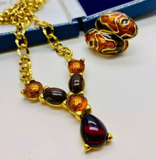 Vintage Jewellery Signed Monet Garnet/amber Cabochon Necklace/earrings