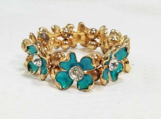 Vintage Peacock Teal Enamel And Crystal Gold Tone Flower Stretch Bracelet