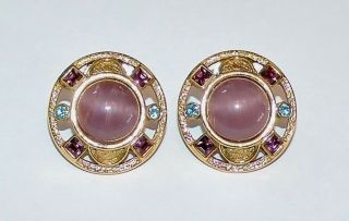 2417 Vintage 1928 Goldtone Purple Art Glass Rhinestone Pierced Earrings