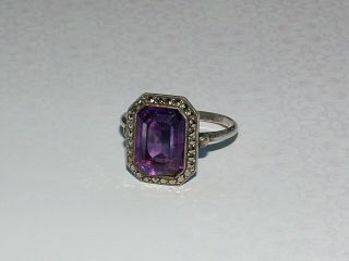 Vintage Silver Cocktail Ring Purple Amethyst With Marcasite Stone Size T