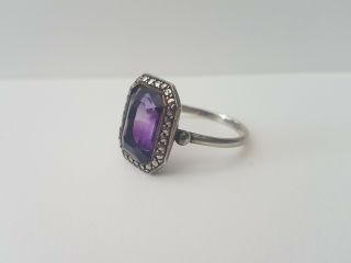 Vintage Silver Cocktail Ring Purple Amethyst with Marcasite Stone Size T 2
