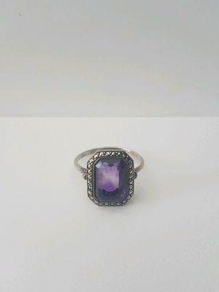 Vintage Silver Cocktail Ring Purple Amethyst with Marcasite Stone Size T 5