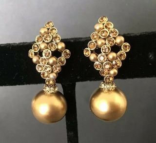 Vintage Signed Carolee Champagne Rhinestone Pearl Gold Tone Post Dangle Earrings