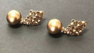 Vintage Signed Carolee Champagne Rhinestone Pearl Gold Tone Post Dangle Earrings 3