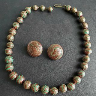 Signed Made Italy Vtg Brown & Green Murano Glass Bead Necklace Earrings Set L38