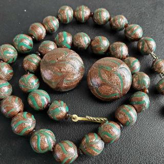 Signed MADE ITALY Vtg Brown & Green Murano Glass Bead Necklace Earrings SET L38 2